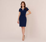 Short Sleeve Draped Midi Dress With Notched Neckline In Navy Sateen 7