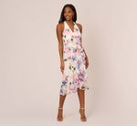 Floral Printed Chiffon Halter Dress With Self Tie Waist In Ivory Pink Multi 2