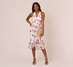 Floral Printed Chiffon Halter Dress With Self Tie Waist In Ivory Pink Multi 1