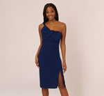 One Sleeve Sheath Dress With Bow Neckline In Navy Sateen 2