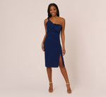 One Sleeve Sheath Dress With Bow Neckline In Navy Sateen 7