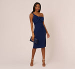 One Sleeve Sheath Dress With Bow Neckline In Navy Sateen 1