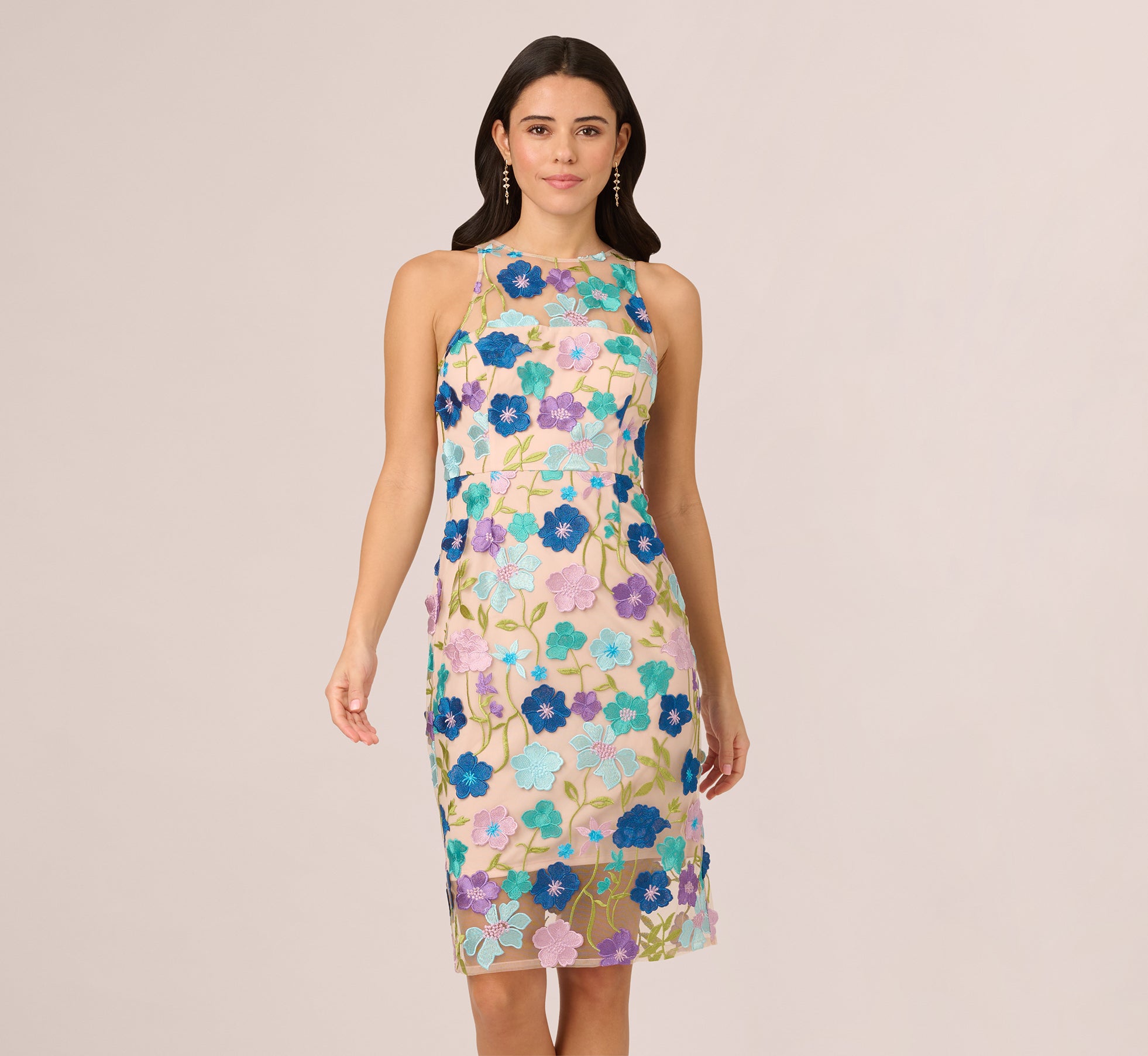 Multicolor Floral Embroidered Halter Midi Dress In Blue Multi 1