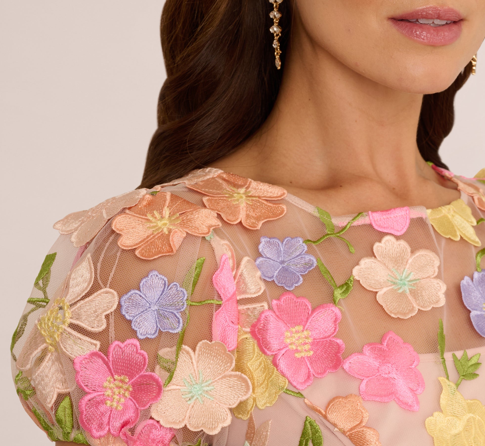 Beige Floral Embroidered Flounce Dress With Sheer Short Sleeves - Adrianna Papell Beige Floral Embroidered Flounce Dress With Sheer Short Sleeves - Adrianna Papell