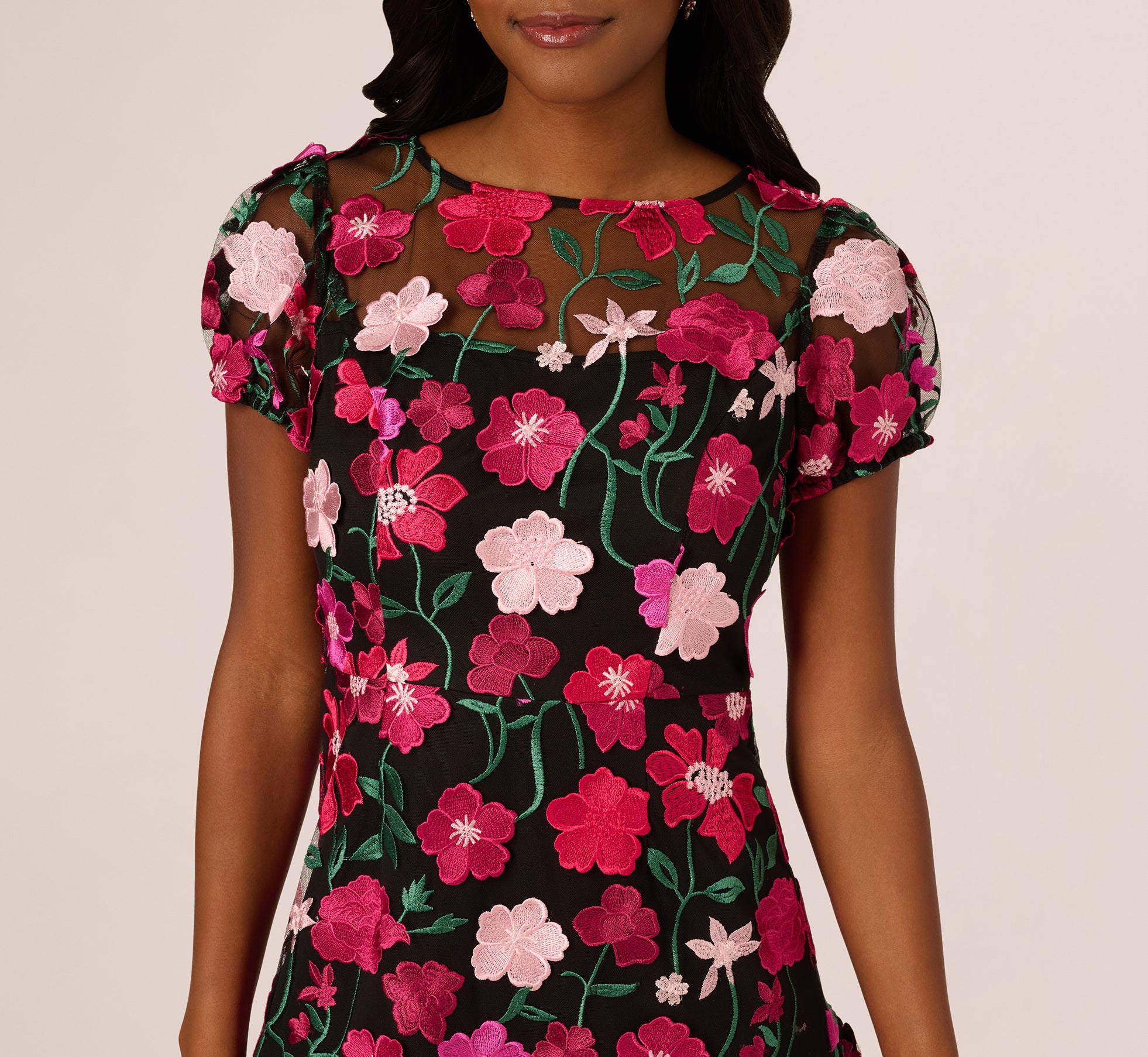 Black Floral Embroidered Flounce Dress With Sheer Short Sleeves - Adrianna  Papell