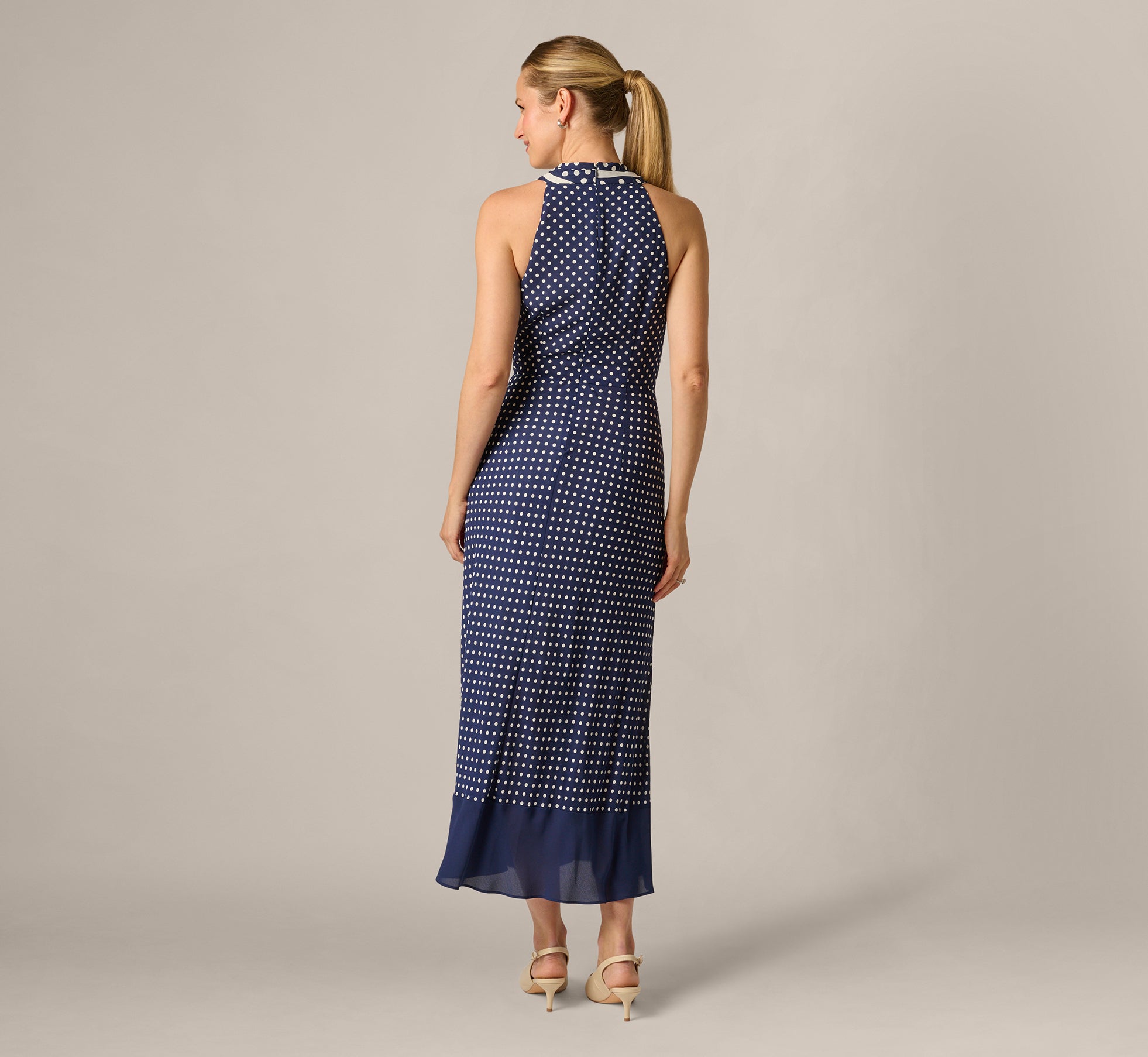 Dot Print Chiffon Halter Maxi Dress With Sash Waist In Navy Ivory