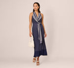 Dot Print Chiffon Halter Maxi Dress With Sash Waist In Navy Ivory 1