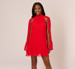 Chiffon Cape Sheath Dress With Ruffle Details In Red Crush 2