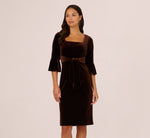 Velvet Tie Front Sheath Dress With Bell Sleeves In Dark Brown 2