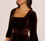 Velvet Tie Front Sheath Dress With Bell Sleeves In Dark Brown 3