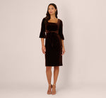 Velvet Tie Front Sheath Dress With Bell Sleeves In Dark Brown 7