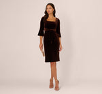 Velvet Tie Front Sheath Dress With Bell Sleeves In Dark Brown 1