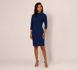 Three Quarter Sleeve Crepe Midi Dress With Rolled Neck In Navy Sateen 7