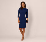 Three Quarter Sleeve Crepe Midi Dress With Rolled Neck In Navy Sateen 1