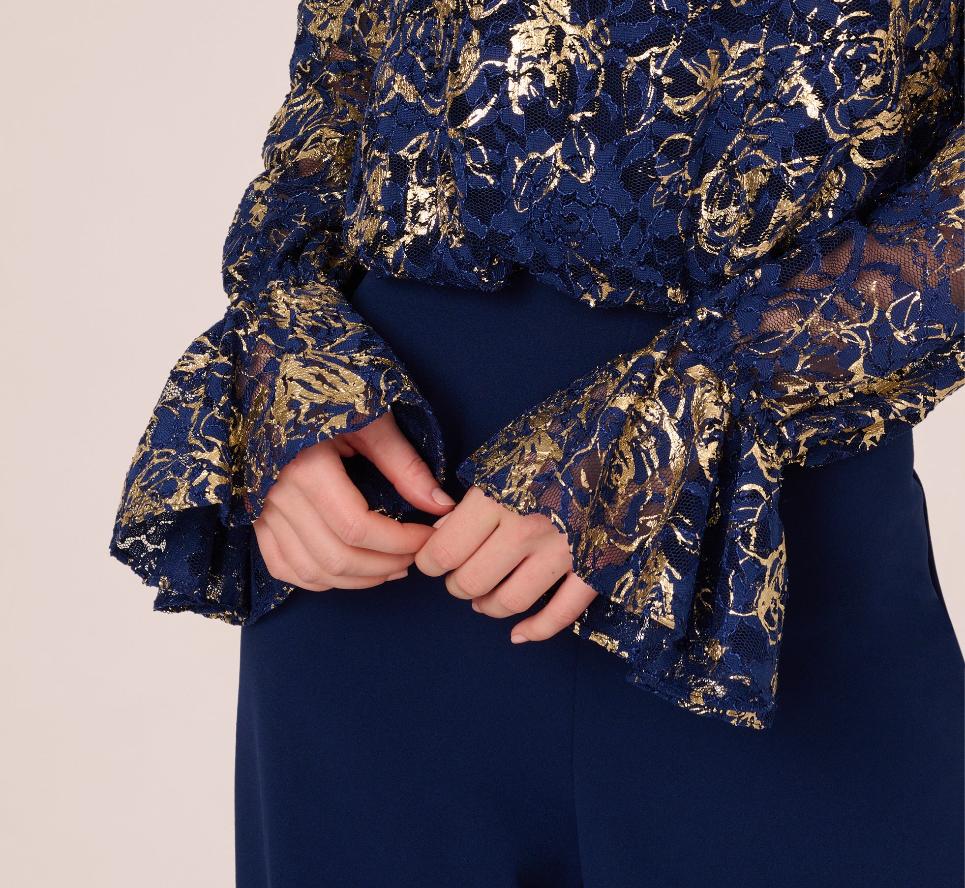 Lace And Crepe Jumpsuit In Navy Gold - Adrianna Papell