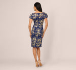 Cap Sleeve Foil Lace Sheath Dress In Navy Gold 5