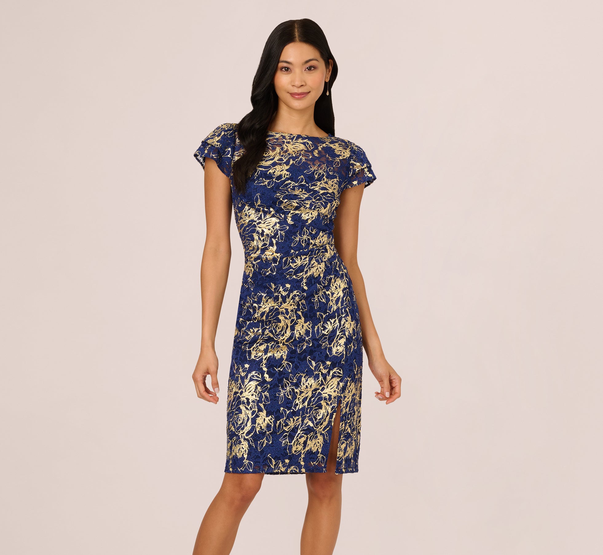 Navy Cap Sleeve Foil Lace Sheath Dress - Adrianna Papell Navy Cap Sleeve Foil Lace Sheath Dress - Adrianna Papell