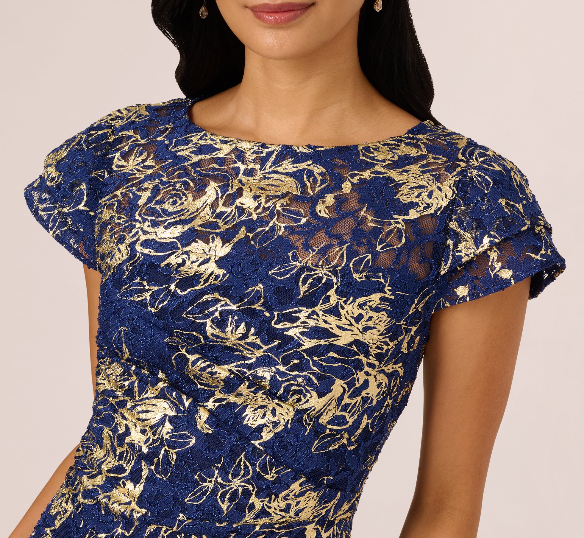 Navy Cap Sleeve Foil Lace Sheath Dress - Adrianna Papell