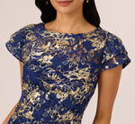 Cap Sleeve Foil Lace Sheath Dress In Navy Gold 3