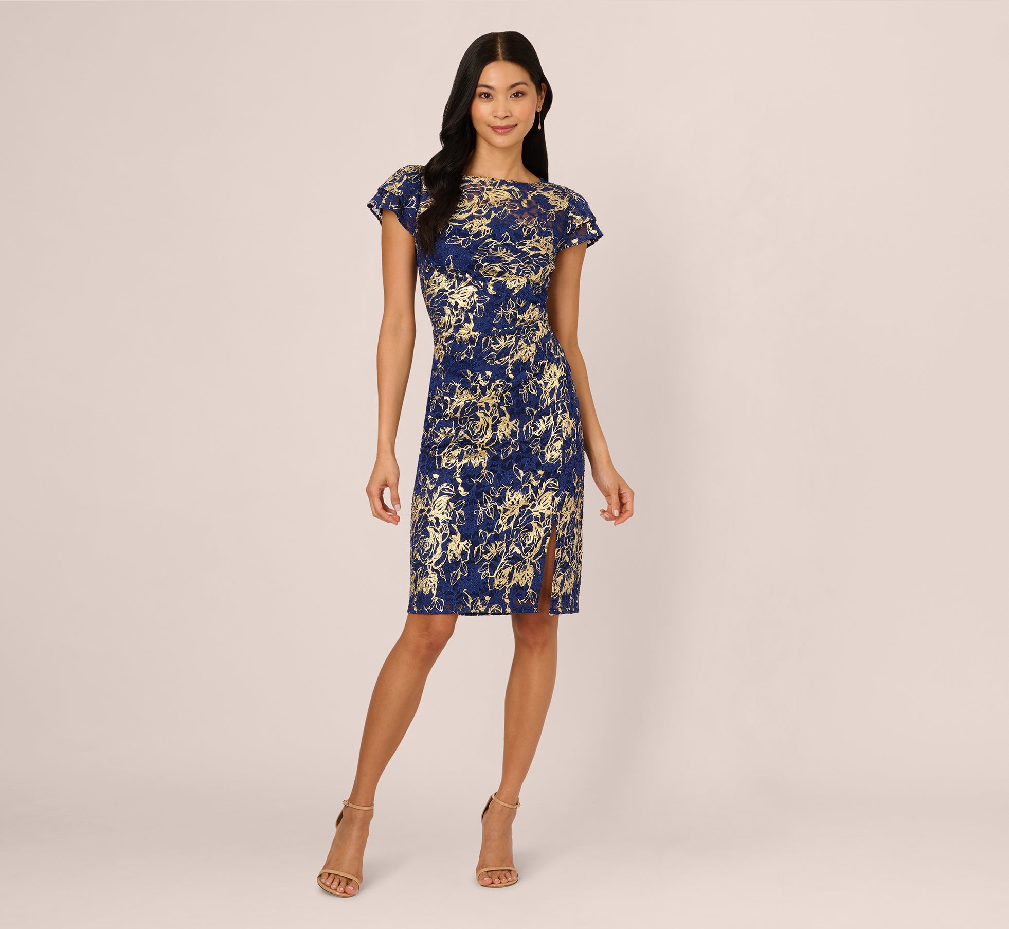 Adrianna Papell Cap Sleeve Foil Lace Sheath Dress