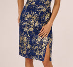 Cap Sleeve Foil Lace Sheath Dress In Navy Gold 4