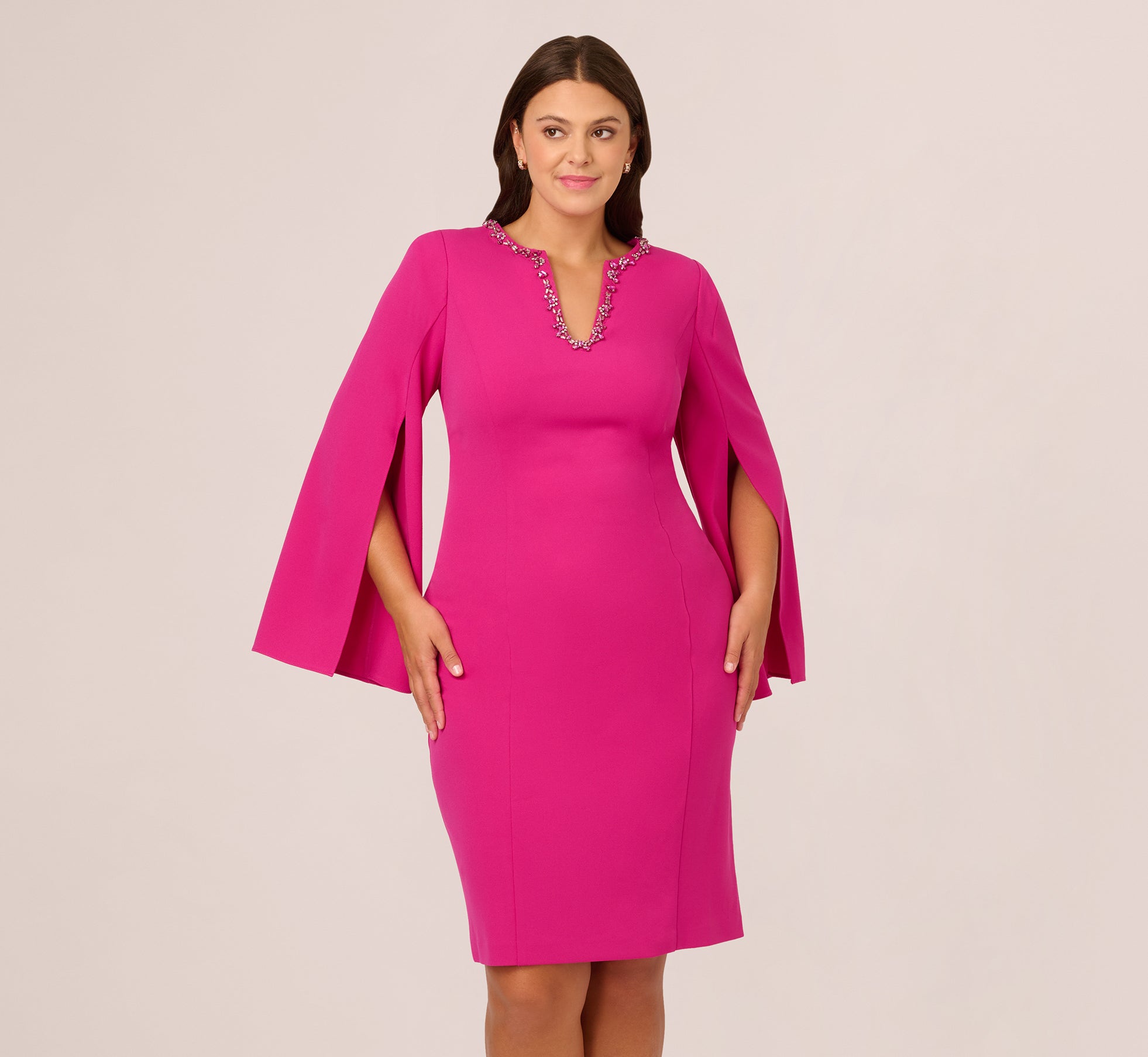 Pink Plus Size Knit Crepe Jewel Short Dress - Adrianna Papell Pink Plus Size Knit Crepe Jewel Short Dress - Adrianna Papell