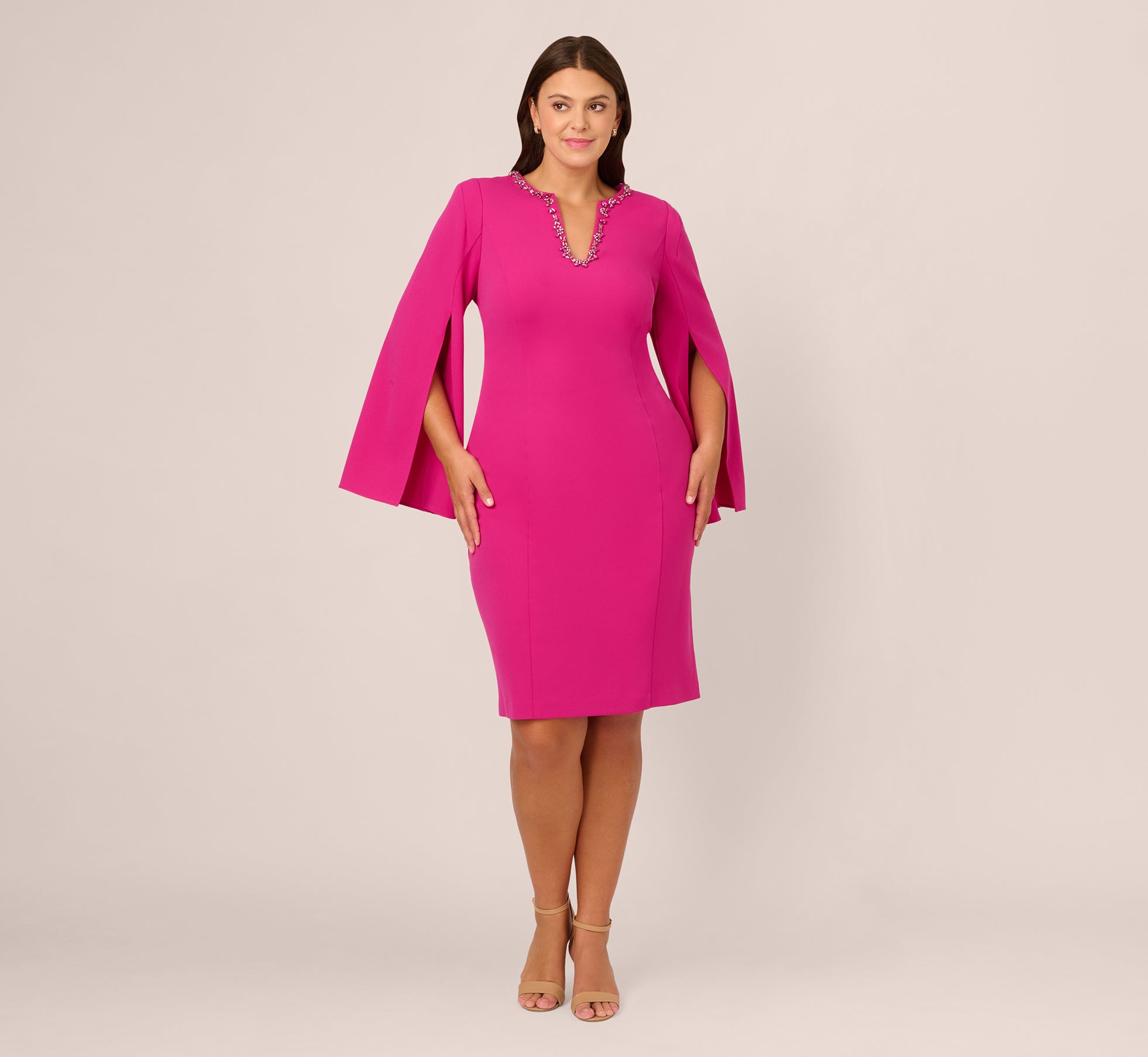 Plus Size Knit Crepe Jewel Short Dress In Berry Rose Plus Size Knit Crepe Jewel Short Dress In Berry Rose