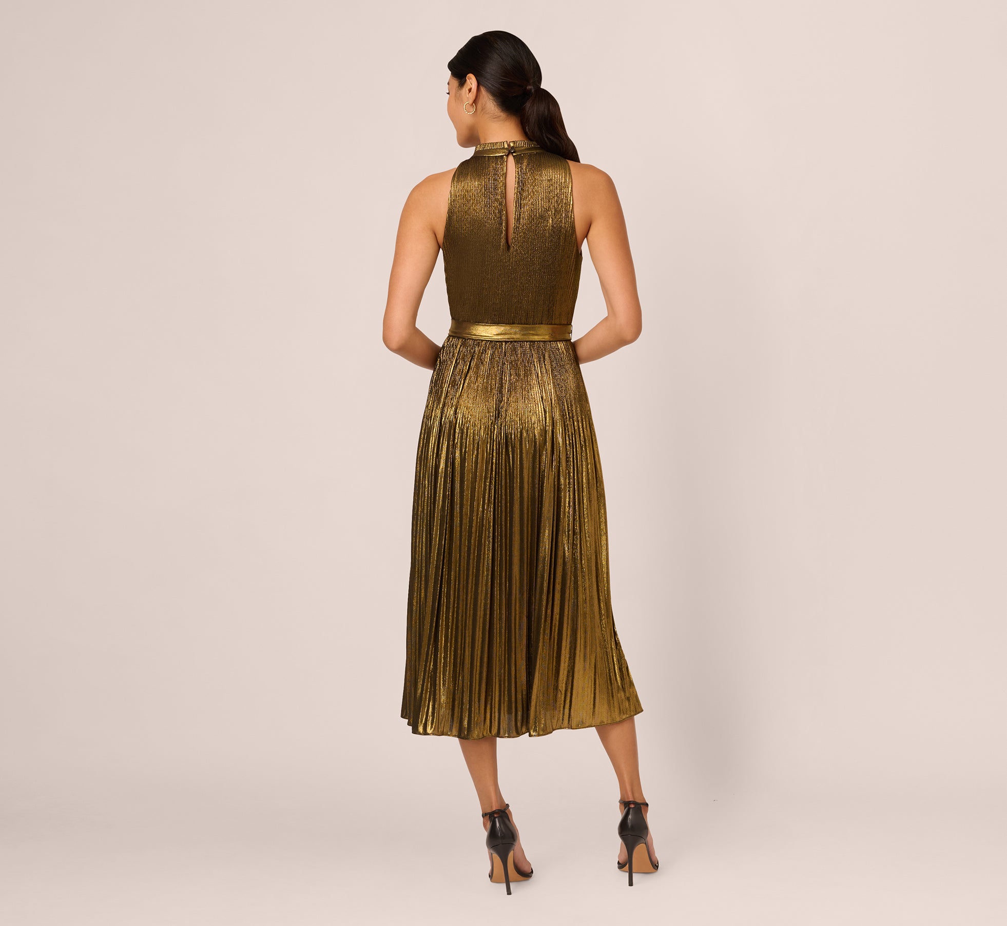 strapless open back dress Gold Halter Pleated Metallic Dress