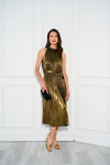 Halter Pleated Metallic Dress In Gold 1