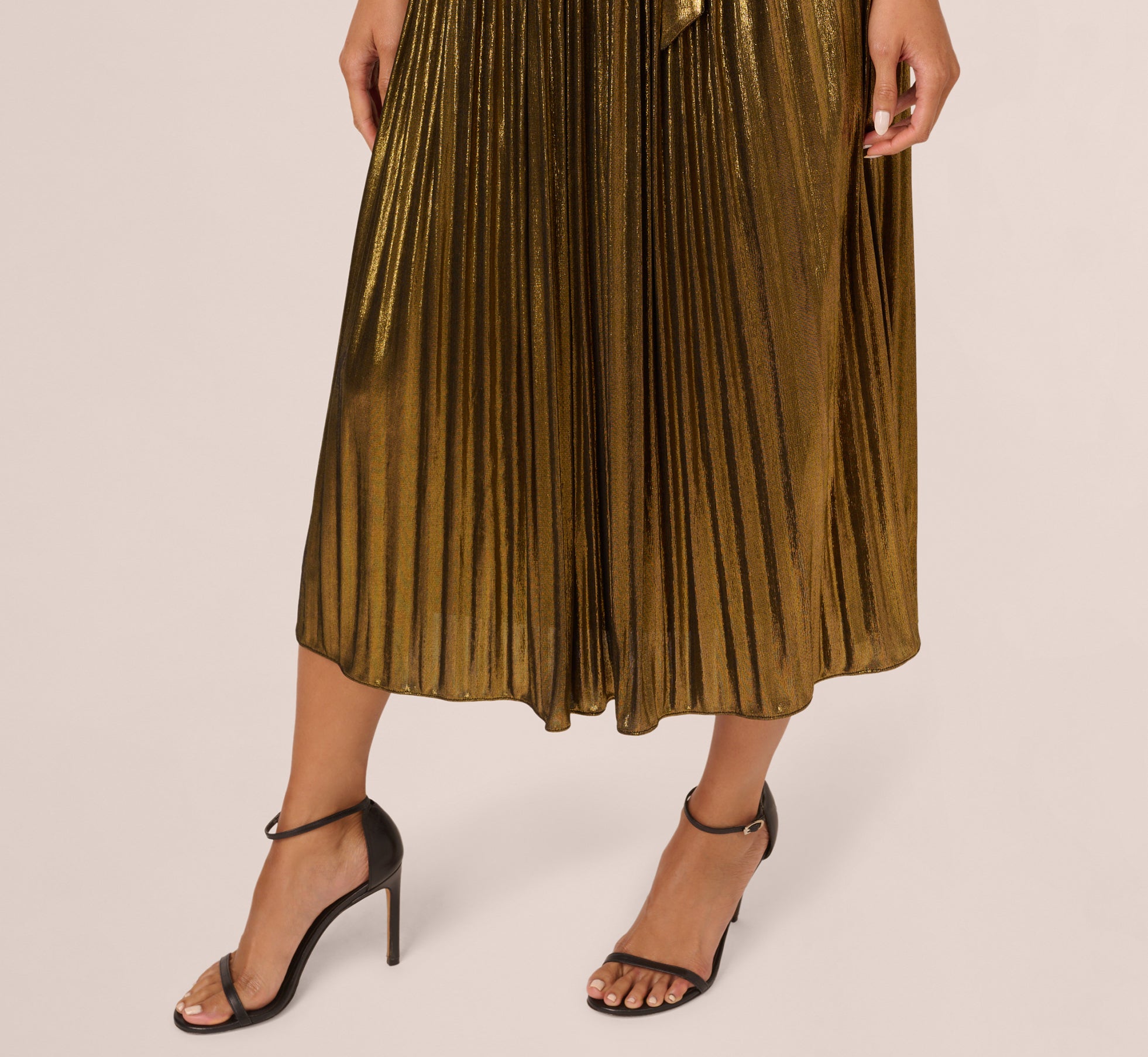 Gold Halter Pleated Metallic Dress - Adrianna Papell Gold Halter Pleated Metallic Dress - Adrianna Papell