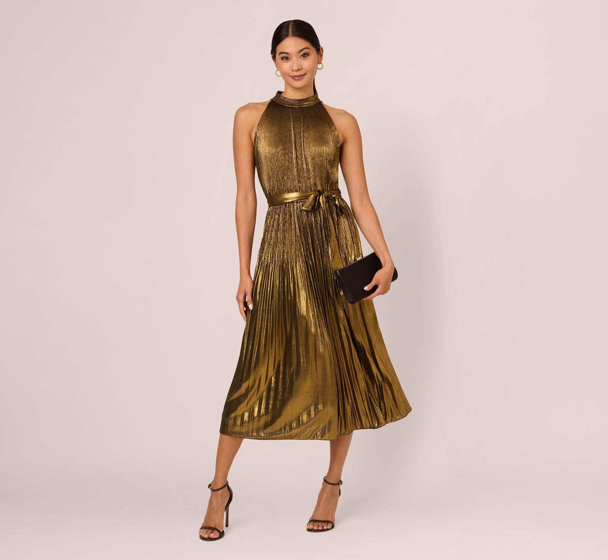 Gold Halter Pleated Metallic Dress - Adrianna Papell Gold Halter Pleated Metallic Dress - Adrianna Papell