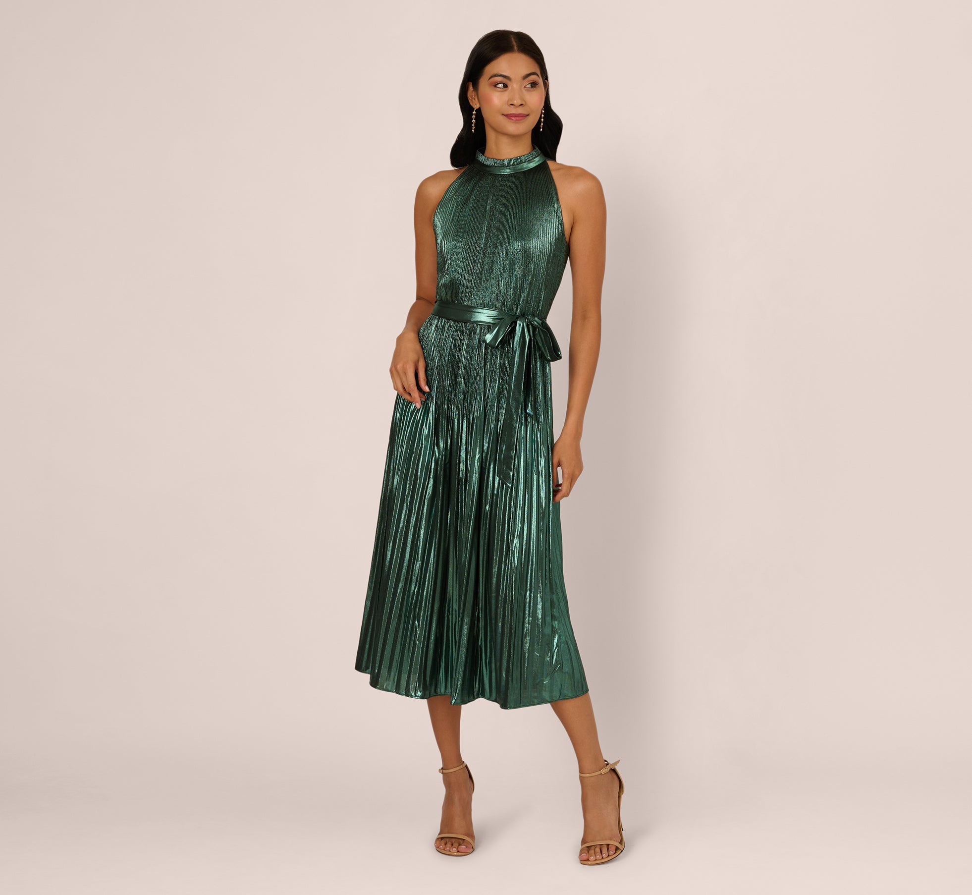 Green Black Halter Pleated Metallic Dress