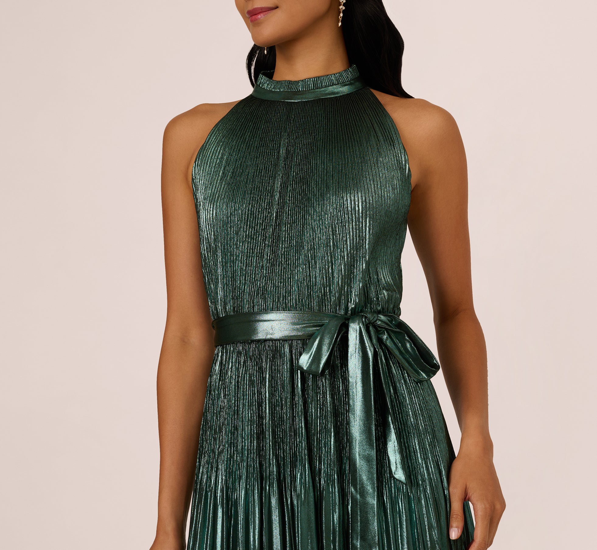 adrianna papell metallic pleated dress Adrianna Papell Womens V-Neck Pleated Evening Dress - Green