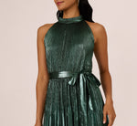 Halter Pleated Metallic Dress In Green Black 4
