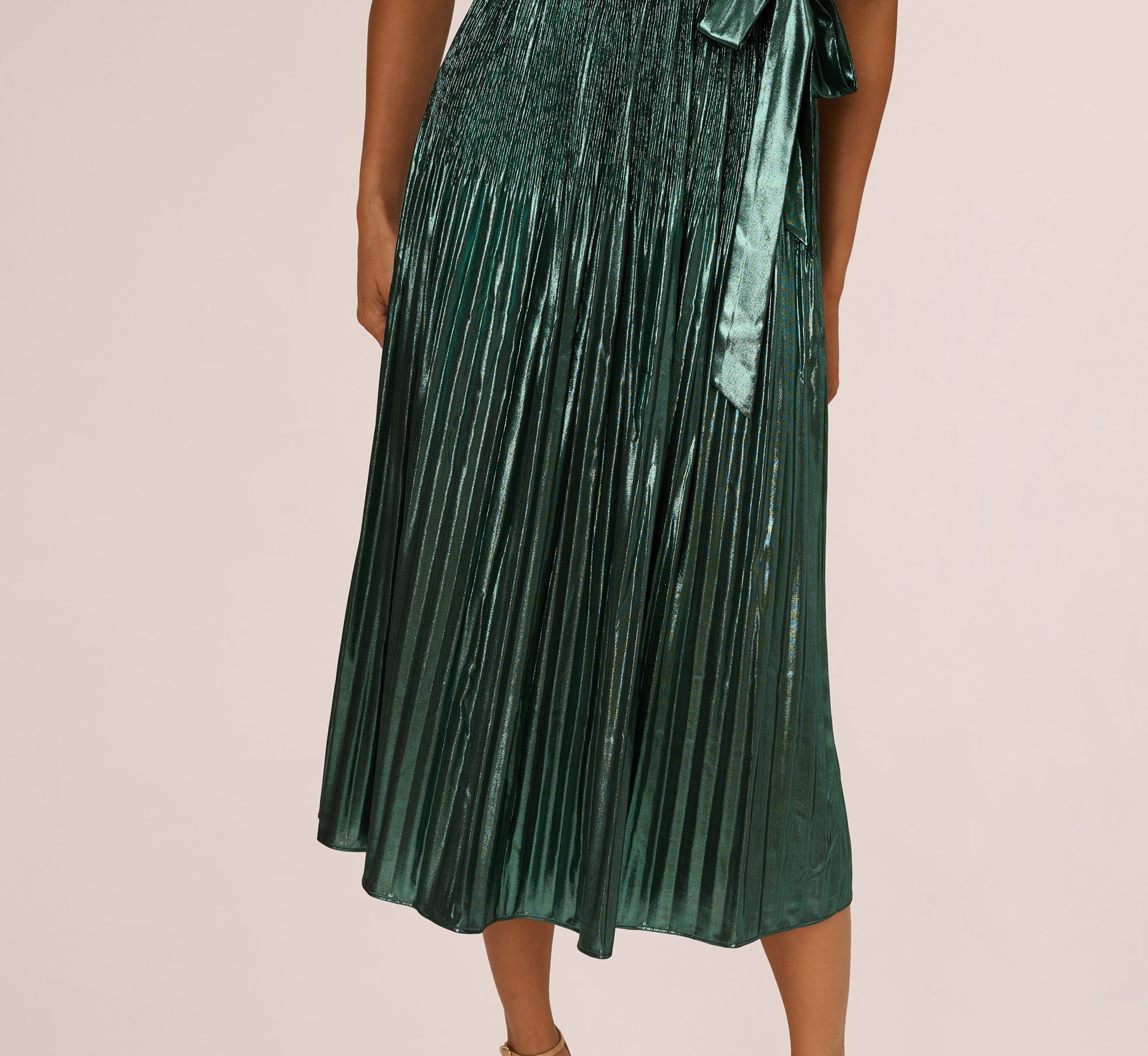 Green Black Halter Pleated Metallic Dress