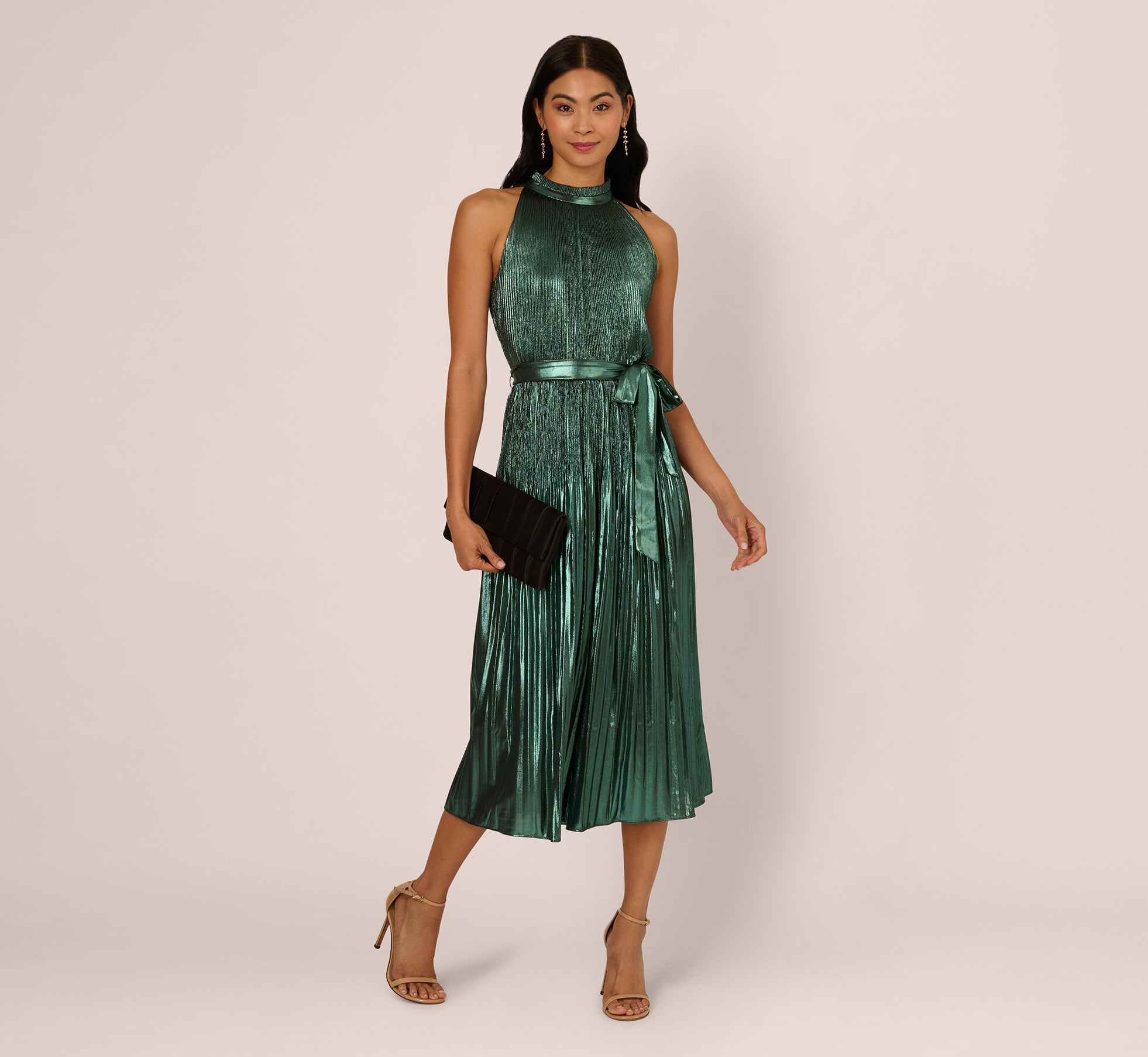 Green Halter Pleated Metallic Dress - Adrianna Papell Green Halter Pleated Metallic Dress - Adrianna Papell