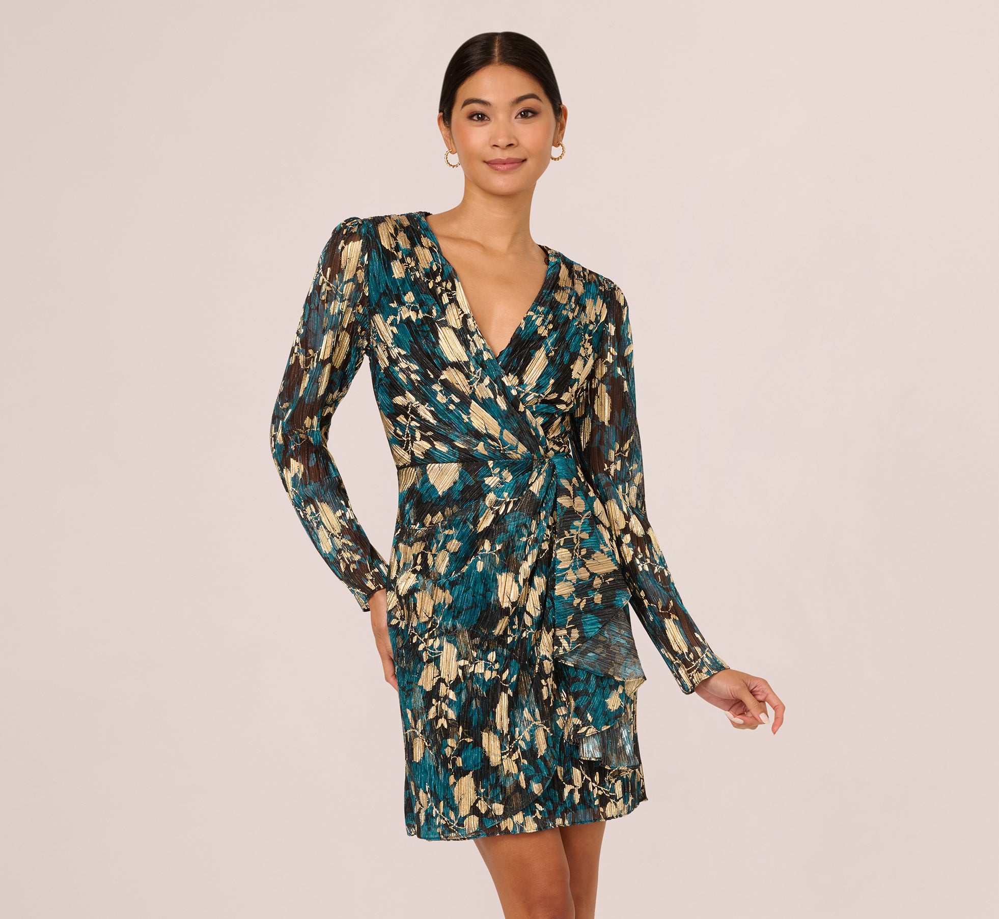 Crinkle Foil Wrap Dress In Teal Sapphire Gold Crinkle Foil Wrap Dress In Teal Sapphire Gold