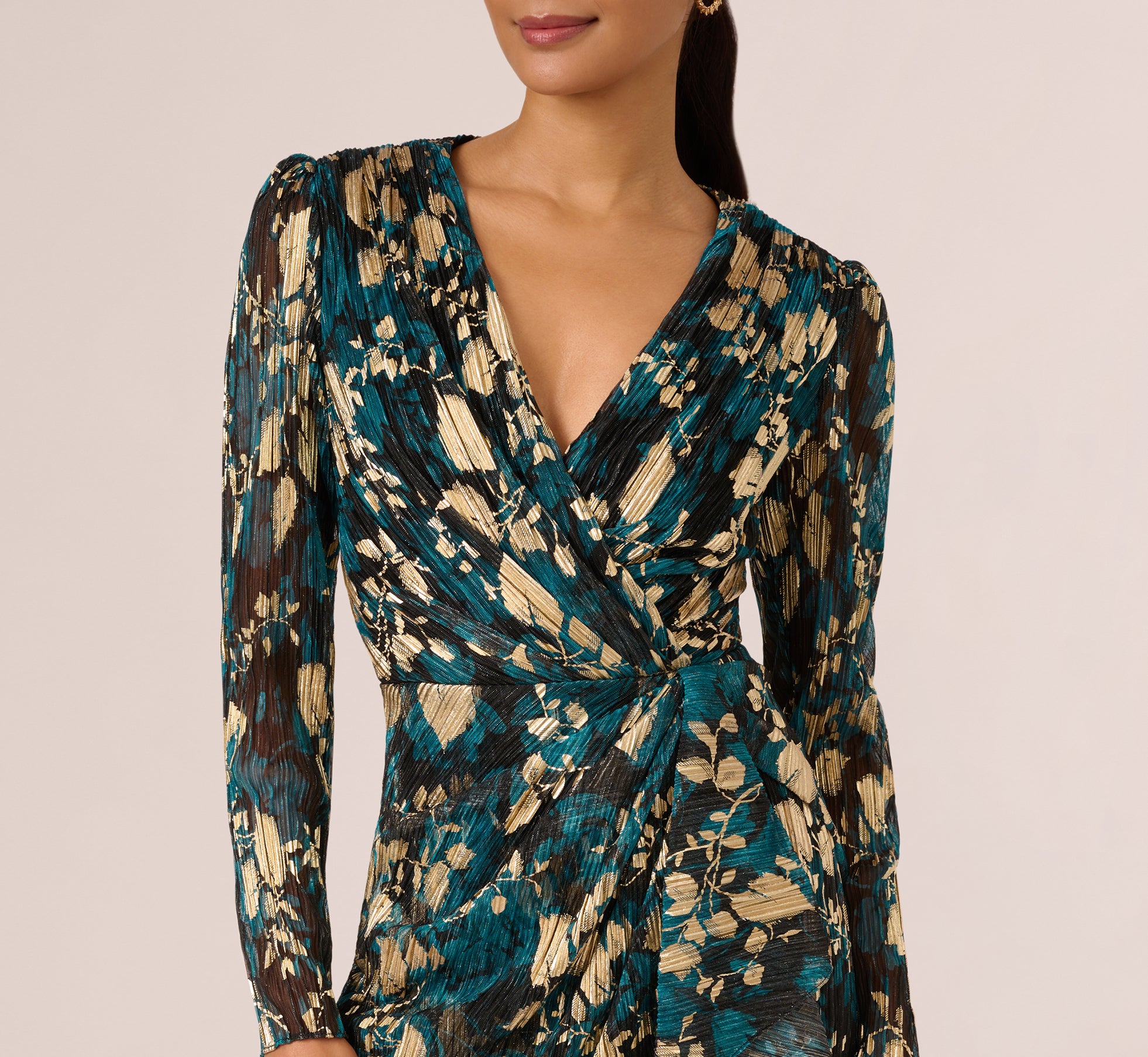 Teal Sapphire Gold Crinkle Foil Wrap Dress - Adrianna Papell Teal Sapphire Gold Crinkle Foil Wrap Dress - Adrianna Papell