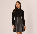 Long Sleeve Ponte Knit Dress With Faux Leather Skirt In Black 2