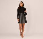 Long Sleeve Ponte Knit Dress With Faux Leather Skirt In Black 1