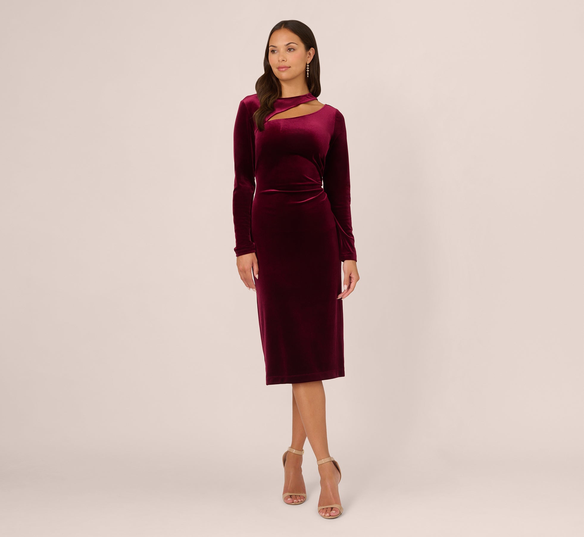 Long Sleeve Velvet Dress With Asymmetric Cutout Neckline In