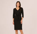 Three Quarter Sleeve Pleated Midi Dress With Tie Waist In Black 2