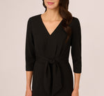Three Quarter Sleeve Pleated Midi Dress With Tie Waist In Black 3