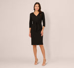 Three Quarter Sleeve Pleated Midi Dress With Tie Waist In Black 7