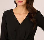 Three Quarter Sleeve Pleated Midi Dress With Tie Waist In Black 4