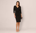 Three Quarter Sleeve Pleated Midi Dress With Tie Waist In Black 1