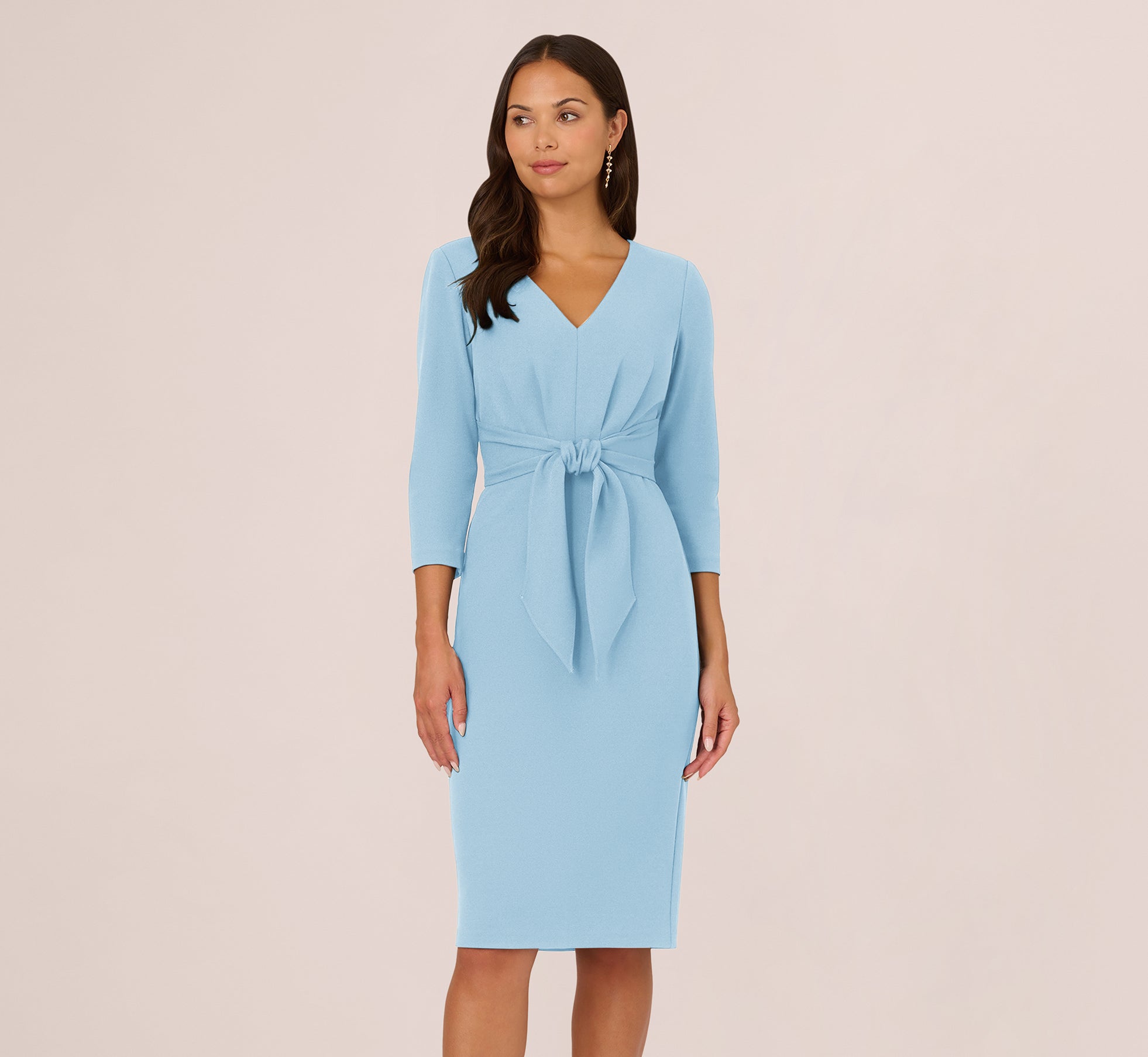 Blue Mist Three Quarter Sleeve Pleated Midi Dress With Tie Waist - Adrianna Papell Blue Mist Three Quarter Sleeve Pleated Midi Dress With Tie Waist - Adrianna Papell