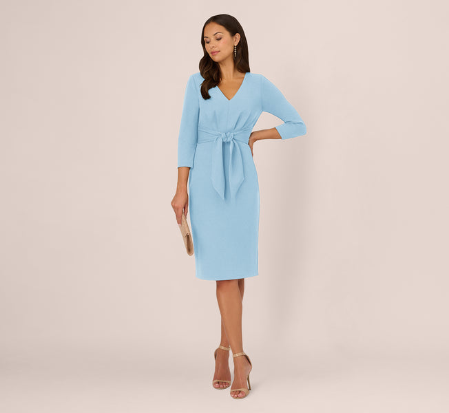 Adrianna Papell Women's Tie V Neck Knit Crepe Dress, Blue, 12