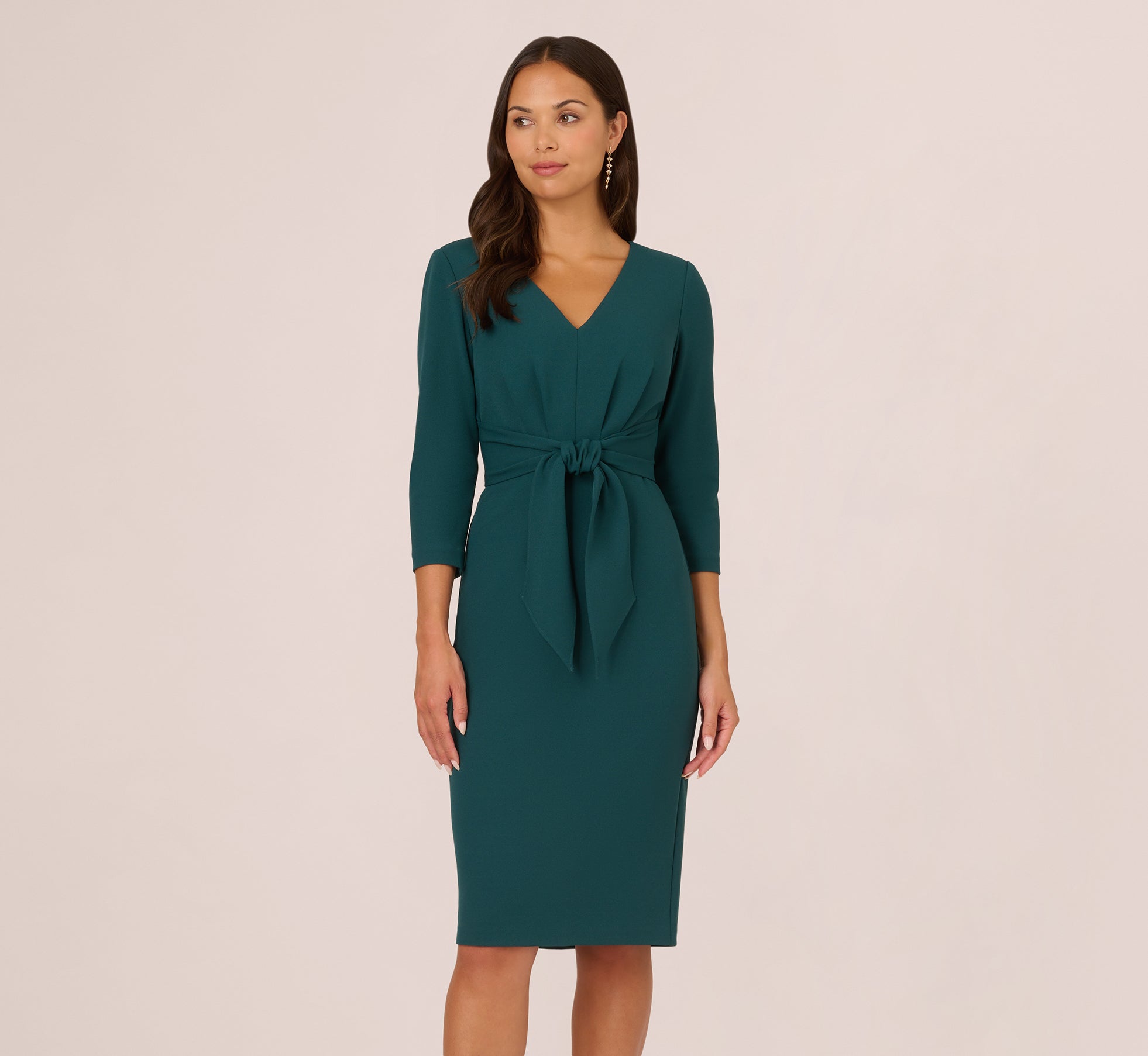 Three Quarter Sleeve Pleated Midi Dress With Tie Waist In Hunter Three Quarter Sleeve Pleated Midi Dress With Tie Waist In Hunter