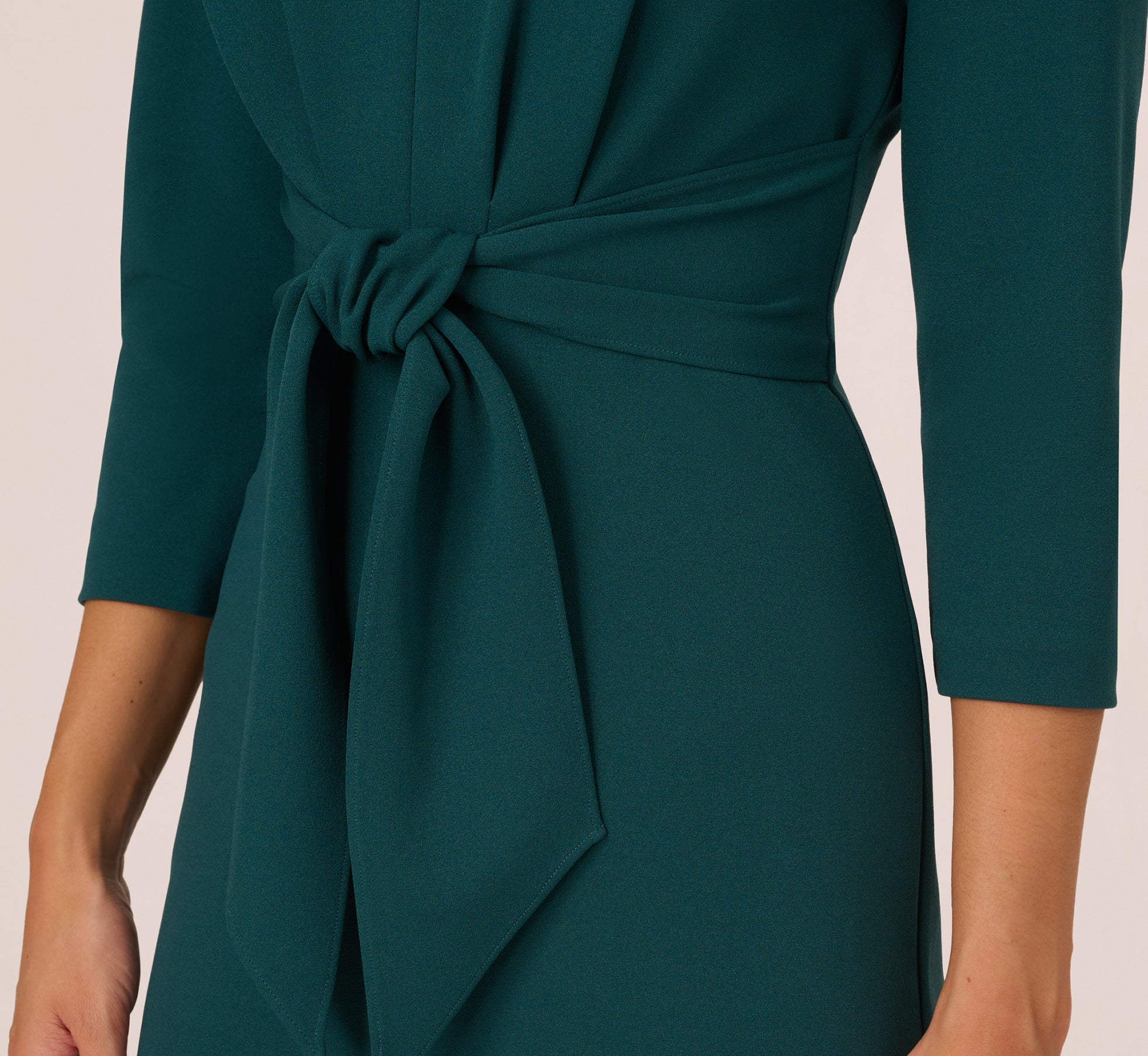 Dark Green Three Quarter Sleeve Pleated Midi Dress With Tie Waist